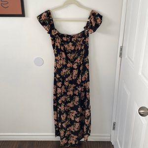 Long black floral dress with off the shoulder sleeves